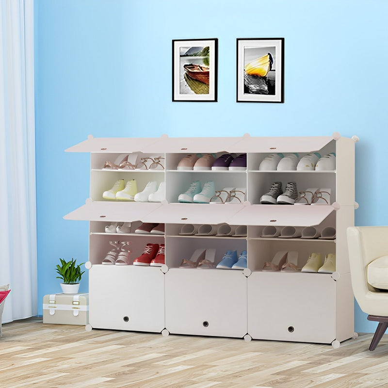 5 Tier 3 Column White Shoe Rack Organizer Stackable Footwear Storage Cabinet