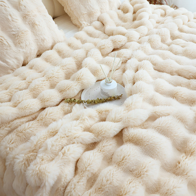 2X 160X200cm Double Layer Rabbit Fur Throw Blanket Polyester Light Camel