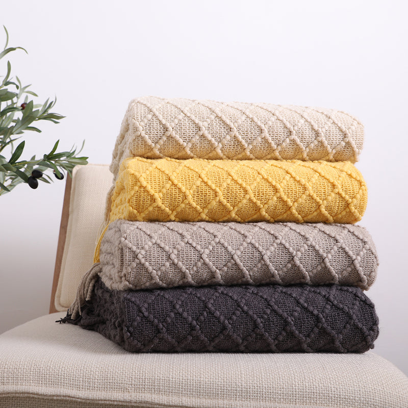 2X Beige Diamond Pattern Knitted Throw Blanket 130x170cm with Tassels