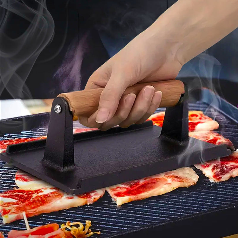 Cast Iron Meat Bacon Steak Press Grill BBQ Wood Handle Non-Stick 20cm 0.9kg
