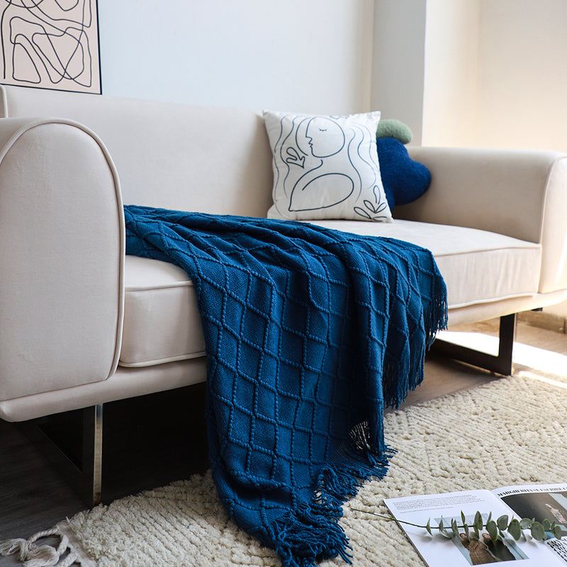 Royal Blue Acrylic Knitted Throw Blanket 130cmx230cm Diamond Jacquard Tassels