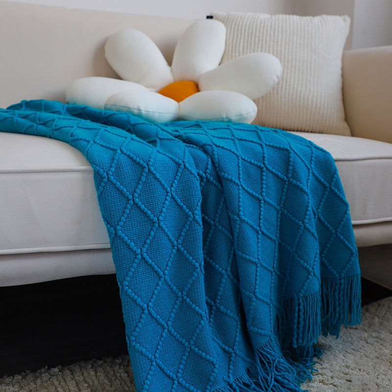 2X Blue Diamond Pattern Throw Blanket 100% Acrylic 130cmx230cm Tassels