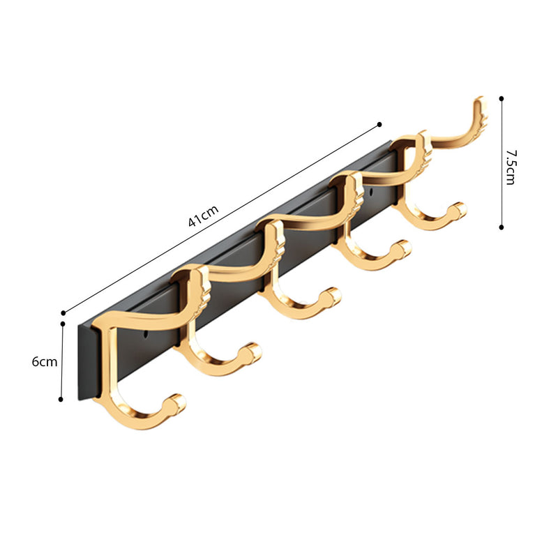 41cm Wall Mounted Aluminum Towel Rack Black Gold Rust Proof Hooks