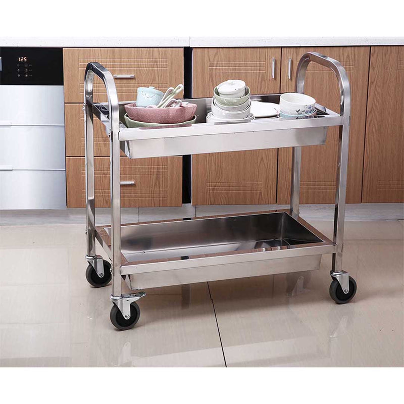 2X Stainless Steel 2 Tier Kitchen Trolley 95x50x95cm Large with Locking Wheels