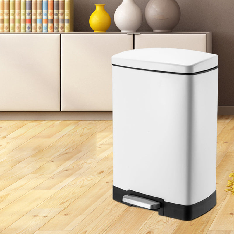 Foot Pedal Stainless Steel Trash Bin 12L Rectangular White Soft Close Lid