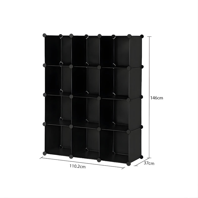 4 Tier 12 Cube Portable Wardrobe Plastic Iron Wire Modular Black 110x37x146cm