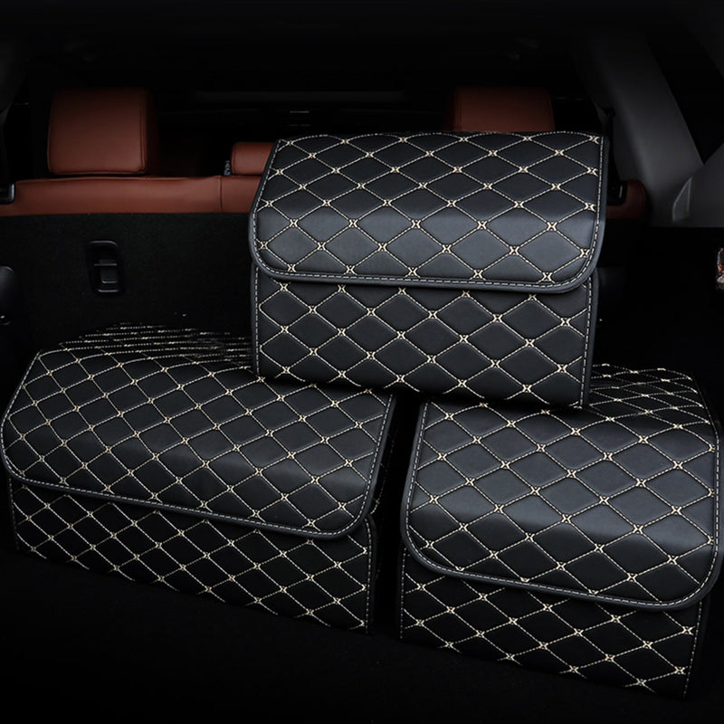 Leather Car Boot Organizer Box Foldable Collapsible Black Gold Stitch Medium