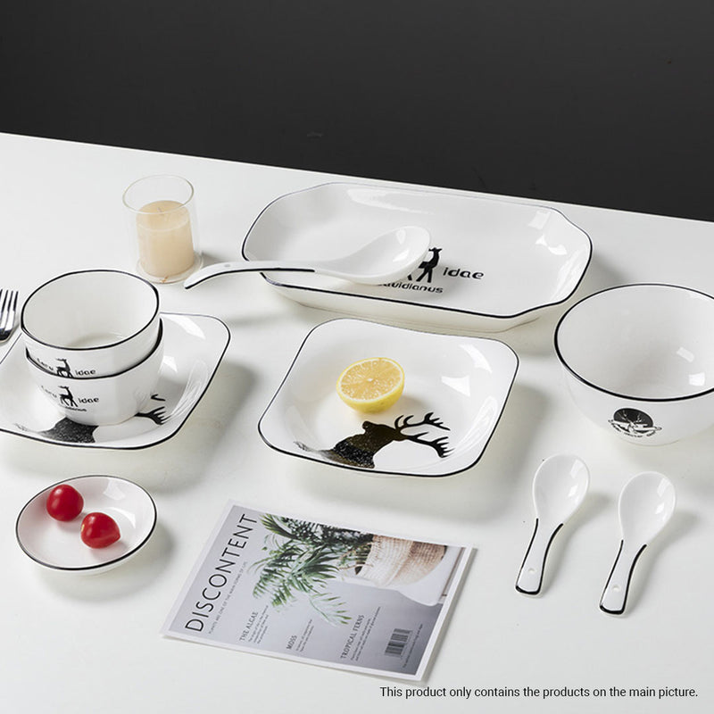 White Antler Printed Ceramic Dinnerware Square Plates Bowls Soup Set of 20