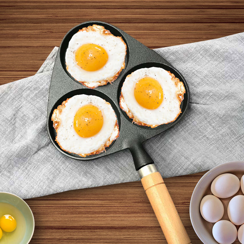 3 Mold Cast Iron Omelette Pan Non-Stick Wood Handle For Eggs Pancakes