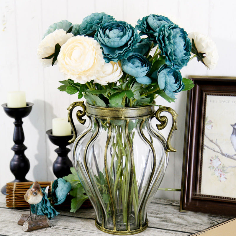 Clear Glass Flower Vase With Two Gold Metal Handles 25cm x 33cm