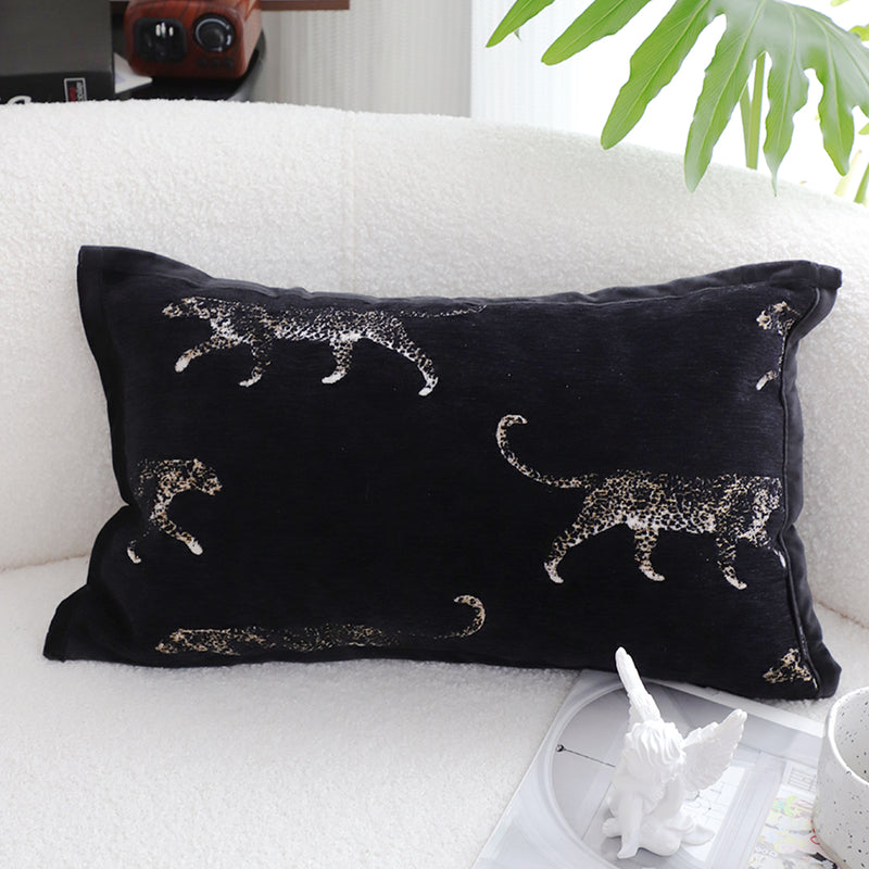 Black 35x55x18cm Throw Pillow Polyester Cotton Embroidered Panther Motif