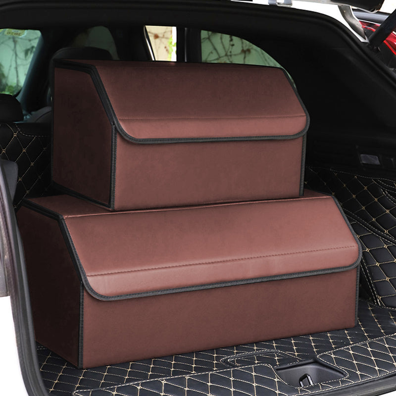 Leather Car Boot Organizer Foldable Storage Box Medium Black Red Stitch