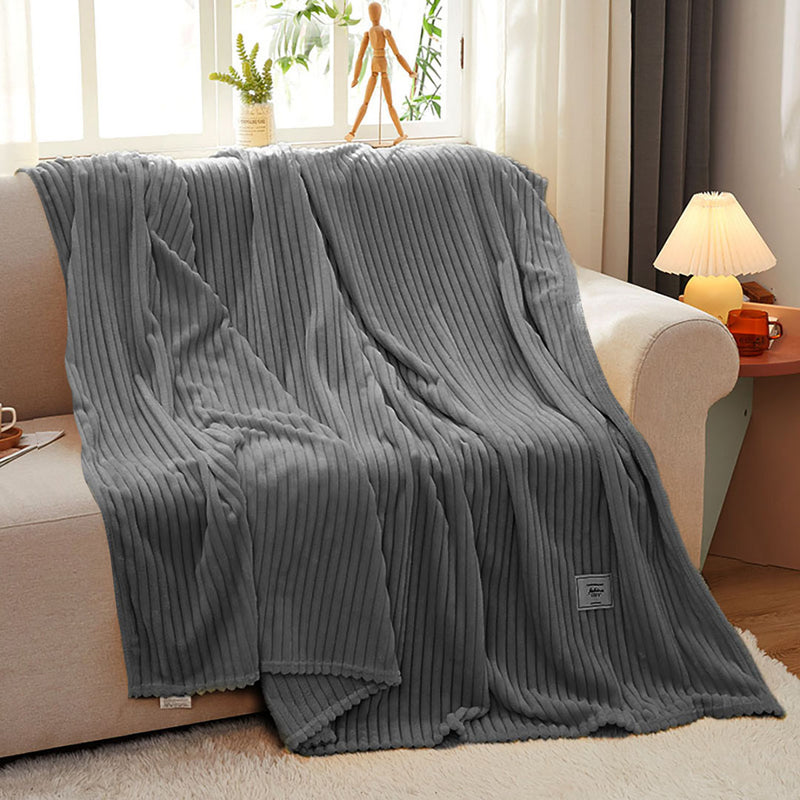 Grey Flannel Polyester Throw Blanket Warm Cozy Striped Lightweight Sofa Bed