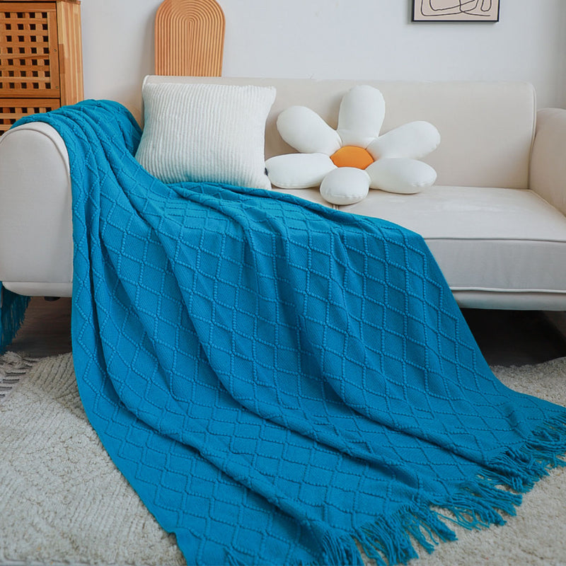Blue Knitted Throw Blanket 100 Percent Acrylic Diamond Pattern Tassels Home Decor