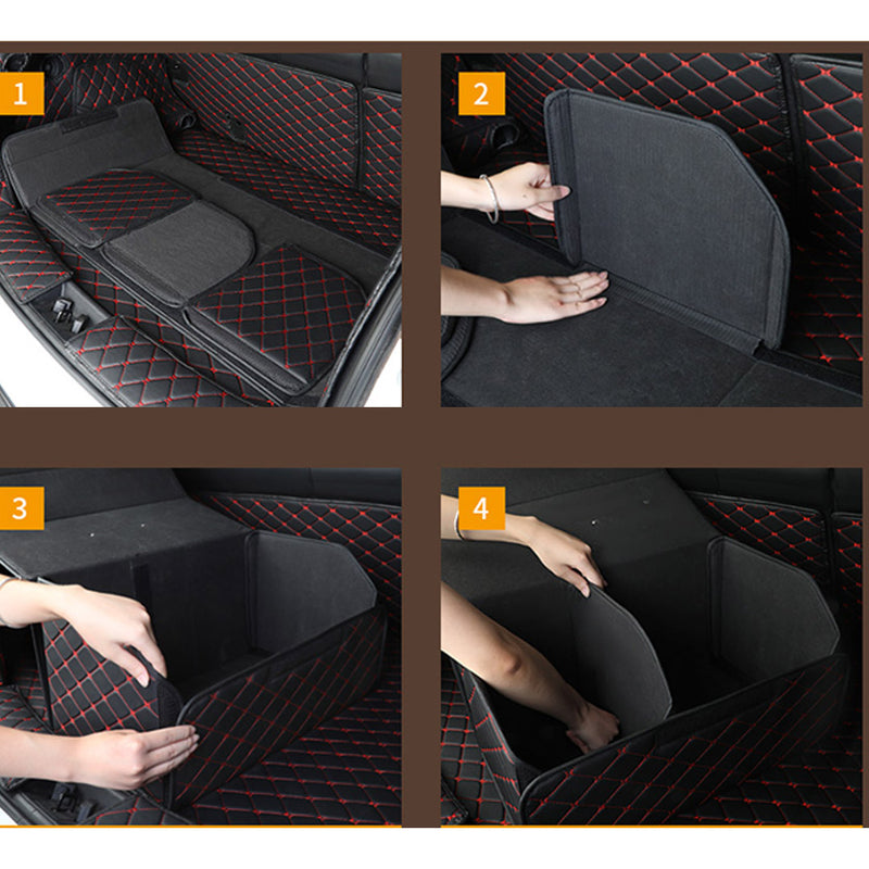 Leather Car Boot Organizer Foldable Collapsible Storage Box Black Red Stitch