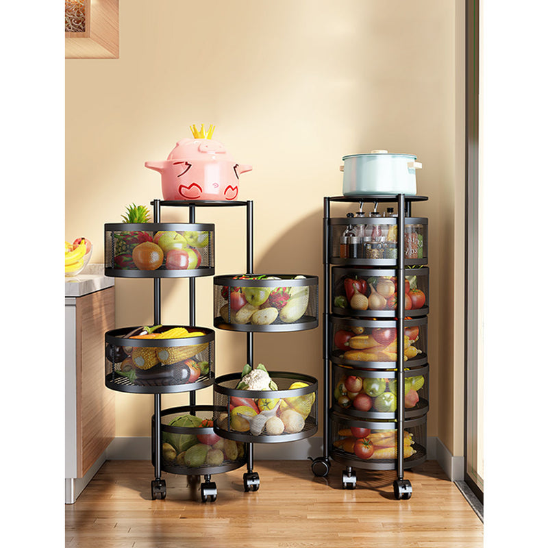 5 Tier Black Steel Rotating Kitchen Cart With Wheels Portable Storage Shelves