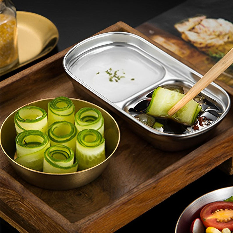 15cm Stainless Steel Divided Sauce Dish Two Compartments Silver Set Of 4