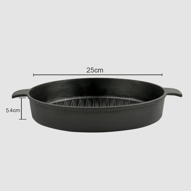 25cm Round Ribbed Cast Iron Frying Pan Skillet Non-Stick Sizzle Platter