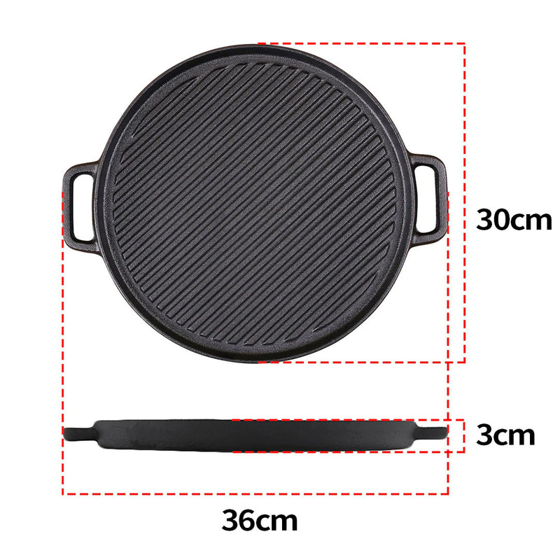 Round Cast Iron Ribbed BBQ Pan Skillet 30cm Pre-Seasoned Non-Stick Black