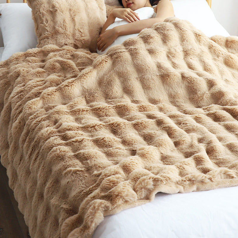 Throw Blanket 160x200cm Coffee Double Layer Rabbit Fur Cozy Comfort Home Decor