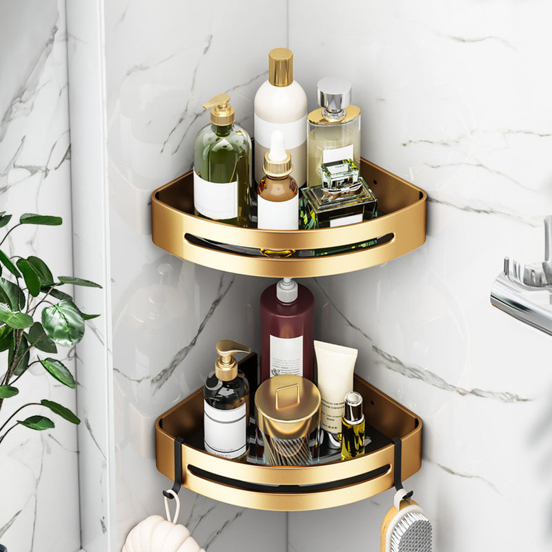 2X Gold Aluminum Corner Wall Mounted Adhesive Bathroom Shelf Rack With Hooks