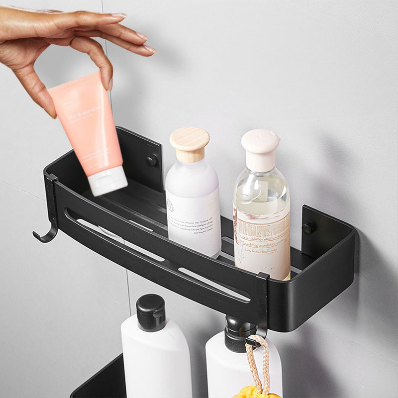 Wall Mounted Aluminum Adhesive Bathroom Shelf Rack With Hooks 33x15x6cm Black