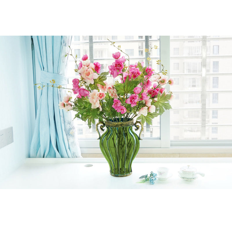 Green Glass Flower Vase European Style With Two Gold Metal Handles 25cm X 33cm