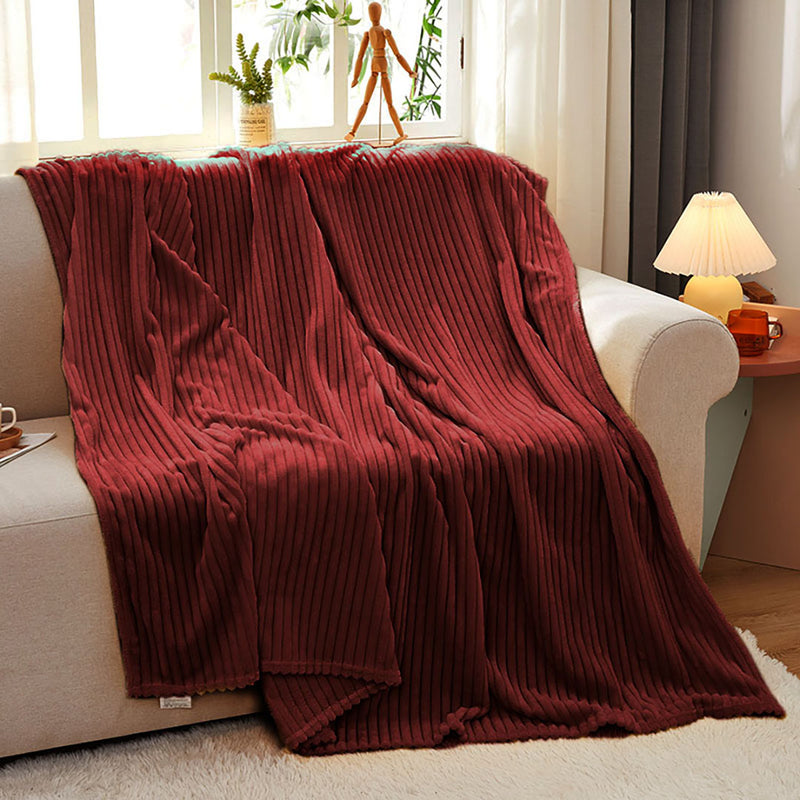 Burgundy Flannel Polyester Throw Blanket 230x200cm Lightweight Striped Pattern