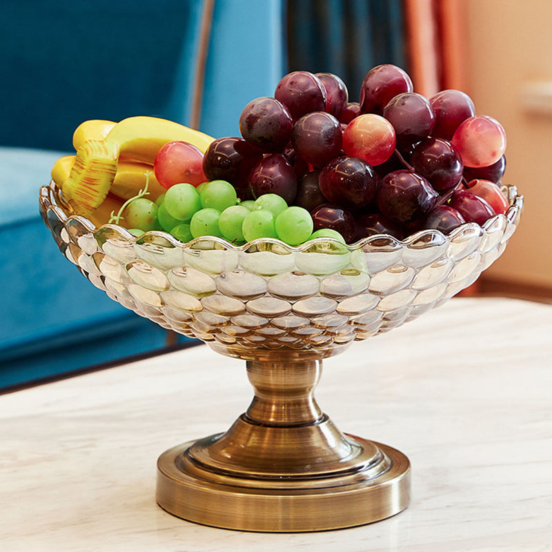 Bronze Glass Pedestal Fruit Bowl 30cm X 18cm Iron Base Crystal Decor
