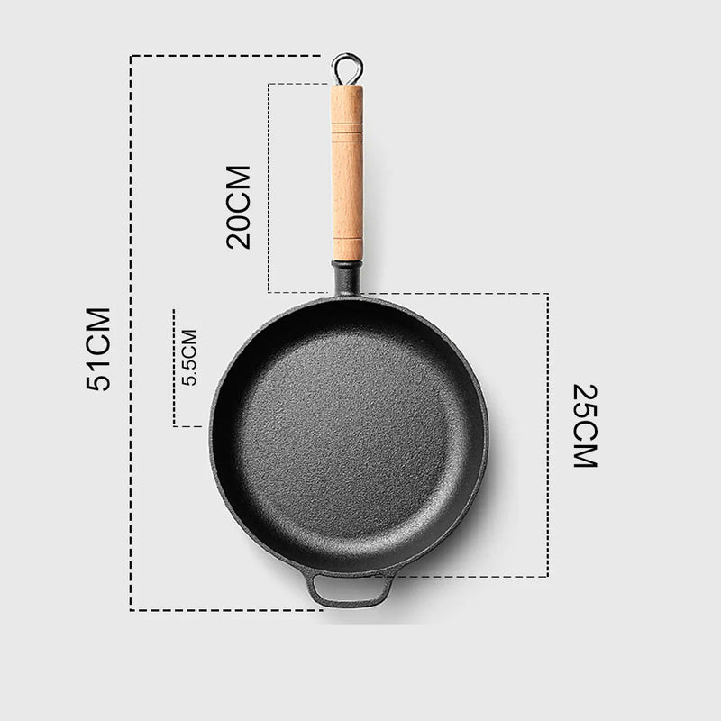2X 25cm Round Cast Iron Skillet Non Stick Pre Seasoned Wooden Helper Handle