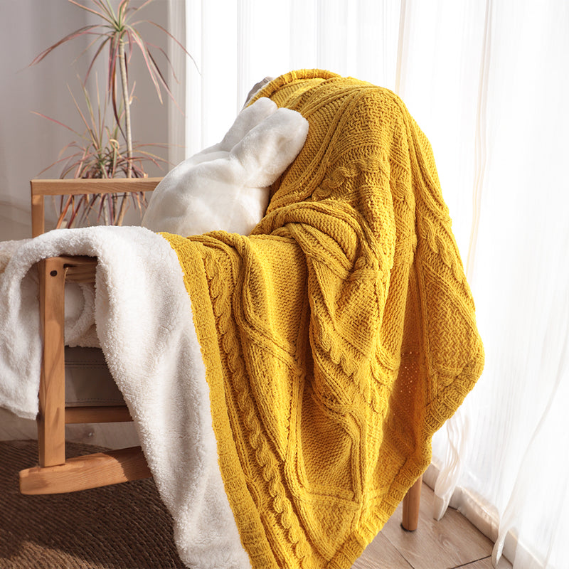 2X 200X230cm Chenille Fleece Throw Blanket Two Sided Knitted Suede Yellow White