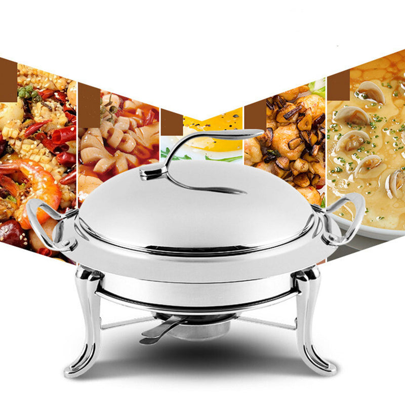 Stainless Steel Round Buffet Chafing Dish 34cm Silver Gold Accents Glass Lid
