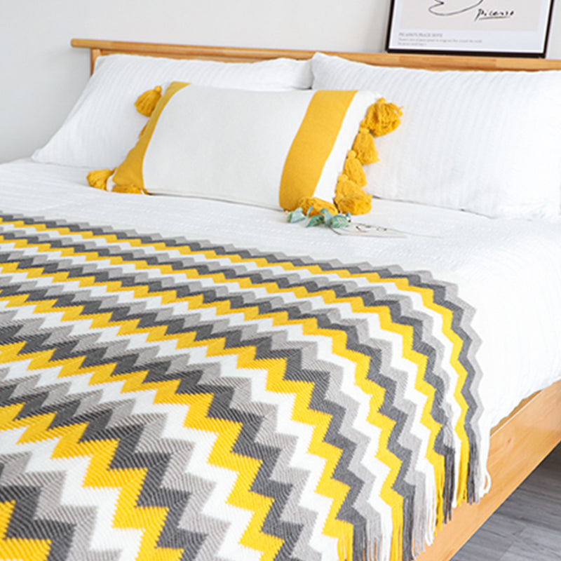 2X 220cm Yellow Zigzag Striped Acrylic Throw Blanket Knitted Fringed Woven
