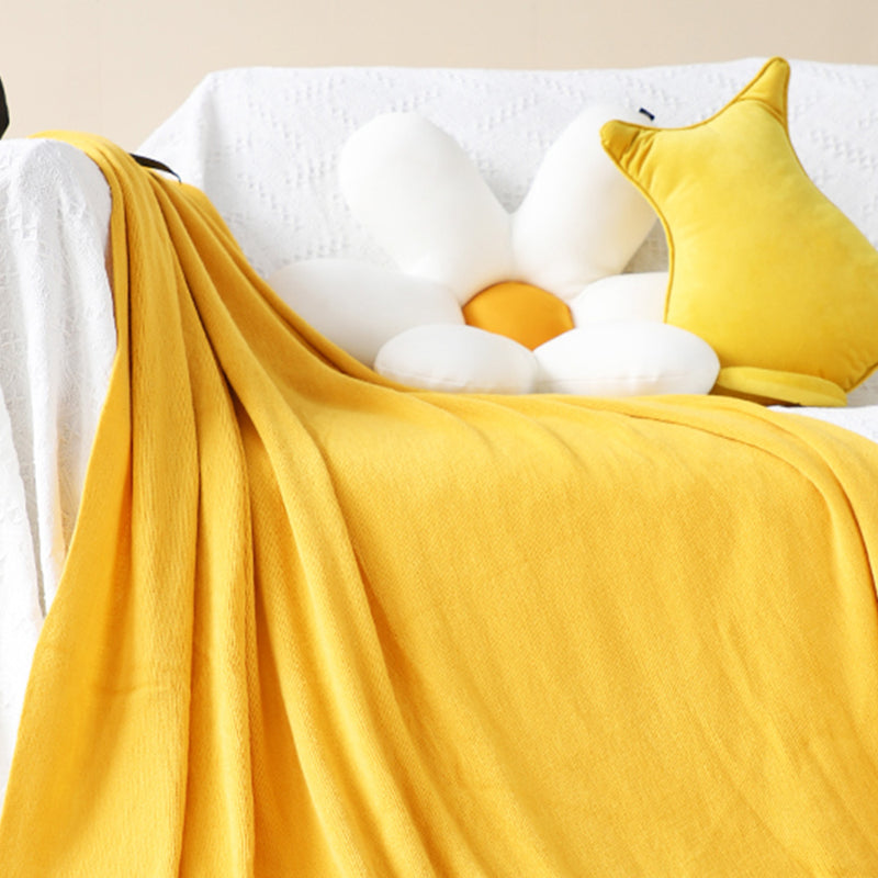 Yellow Acrylic Knitted Throw Blanket 130cmx220cm Fringed Cozy Decor