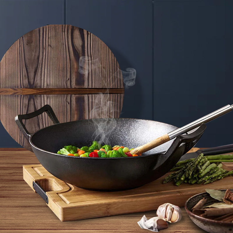 2X 36CM Cast Iron Wok Fry Pan With Wooden Lid Nonstick Black Long Handle
