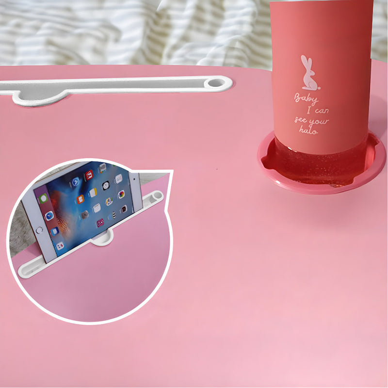 Portable Folding Bed Table 60x48x28cm Pink Particleboard Mini Drawer Cup Holder