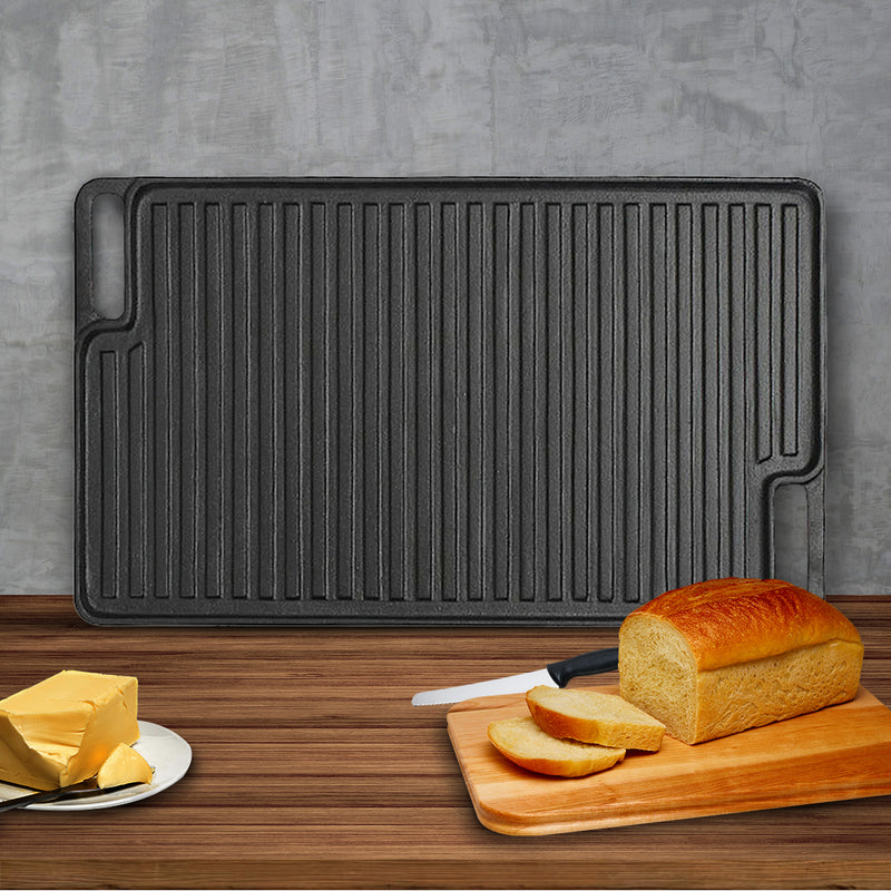 2X 45cm Rectangular Cast Iron Griddle Pan Pre Seasoned Black With Handle