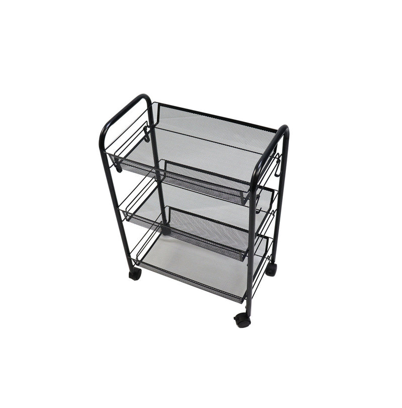2X Black 3 Tier Steel Mesh Kitchen Cart Portable Storage Shelves with Wheels