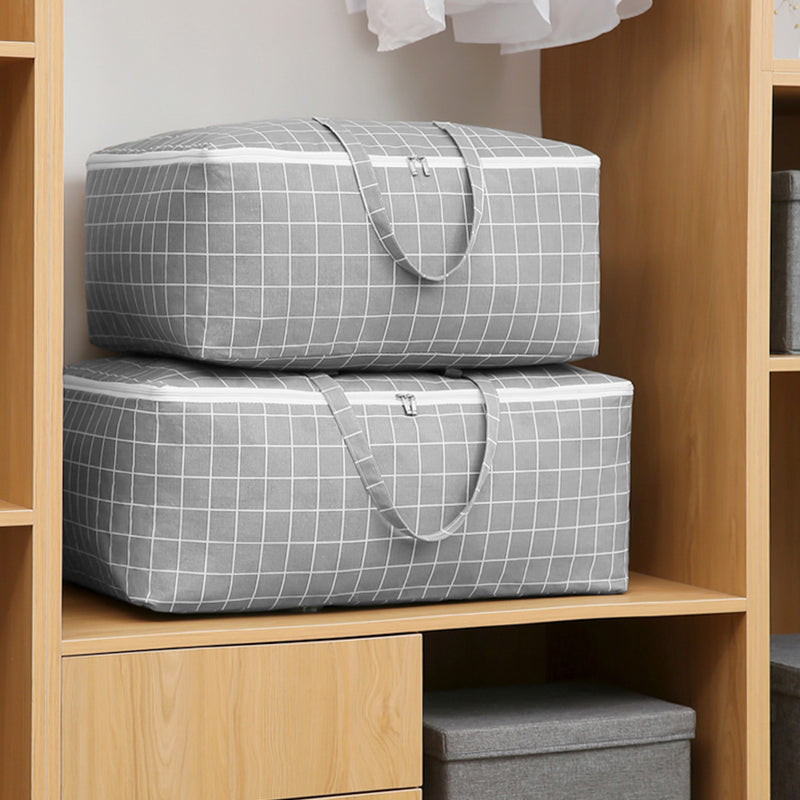 2X Grey Plaid Medium Travel Storage Bag Polyester Double Zipper 55cmx20cmx30cm