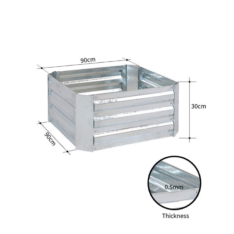 90X90X30cm Square Raised Garden Bed Galvanized Iron Rust Resistant Silver