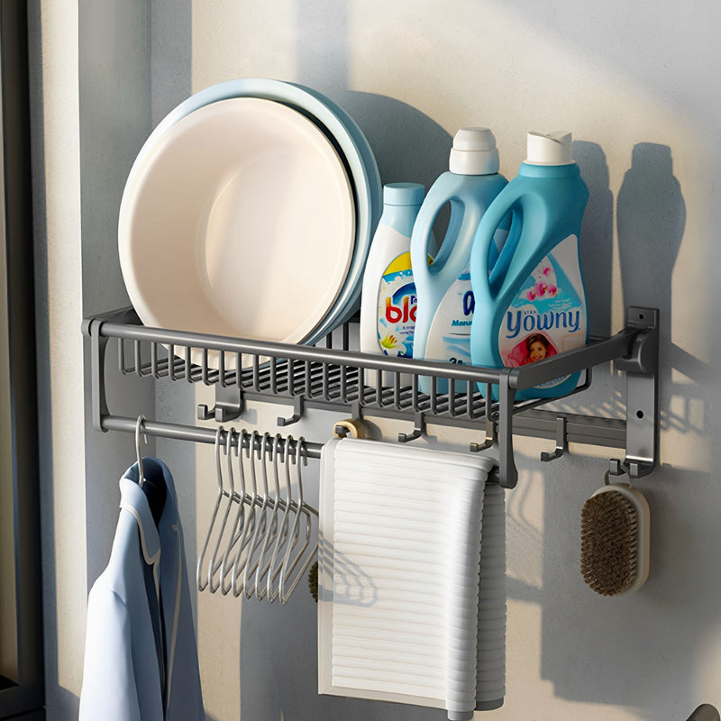 61cm Gray Aluminum Wall Mounted Double Pole Towel Rack With Hooks