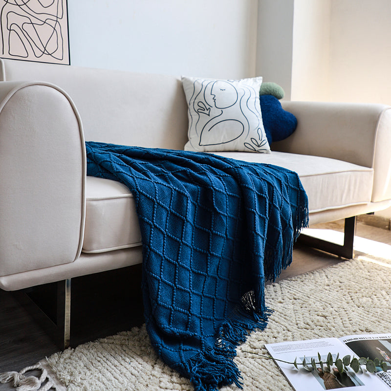 2X Royal Blue Acrylic Knitted Throw Blanket 130x230cm Diamond Fringed