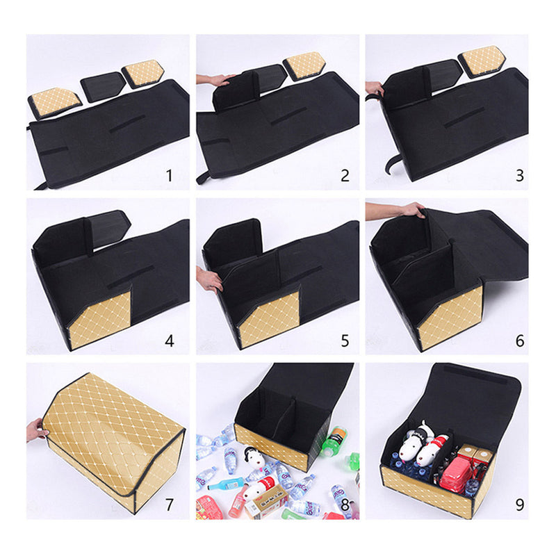 2X Leather Car Boot Organizer Foldable Storage Box Beige Gold Stitch Large