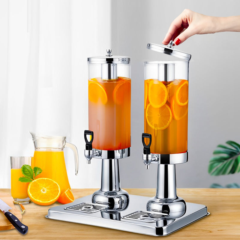 6L Dual Stainless Steel Beverage Dispenser Ice Cylinder Clear Hot Cold Silver