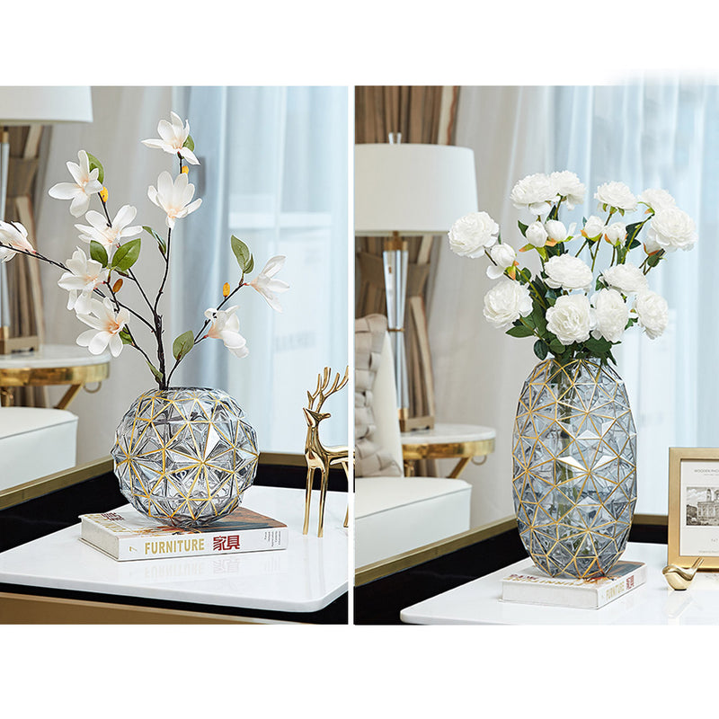 2X Grey Glass Flower Vases Set Large 20cm Medium 17.5cm Gold Accent