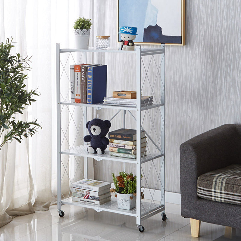4 Tier Foldable Carbon Steel Kitchen Cart White Portable Storage Shelves Wheels