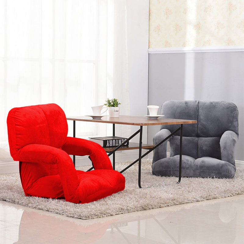Foldable Floor Recliner Chair Adjustable Flannel Lounge with Armrest Red