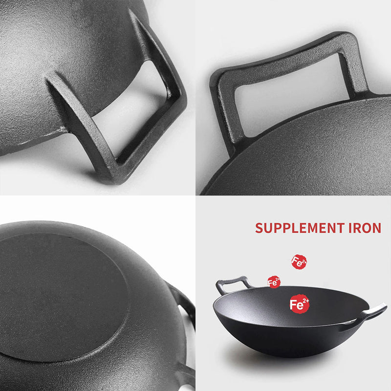32cm Cast Iron Wok Frypan Double Handle With Lid Black Induction Oven Safe
