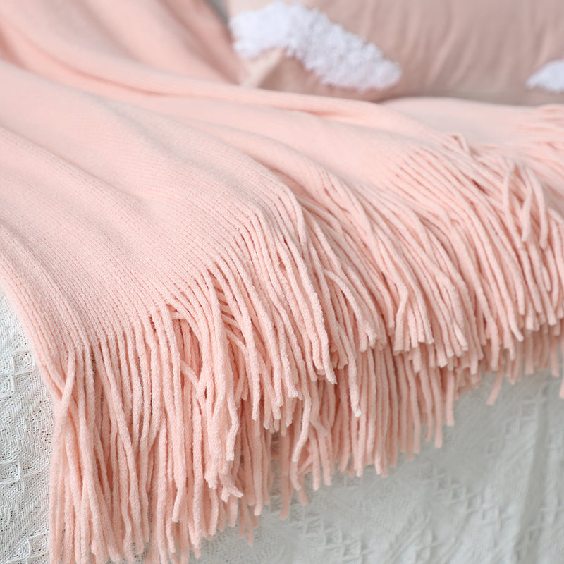 Pink Acrylic Knitted Throw Blanket 130x220cm Fringed Cozy Home Decor