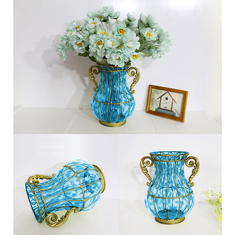 Blue Glass Flower Vase Two Metal Handles Gold Accents 10cm x 14cm x 26cm